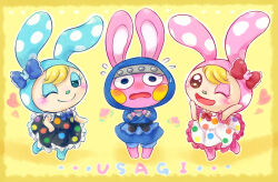 Rule 34 | 1boy, 2girls, adapted costume, alternate costume, animal crossing, animal nose, arm up, barefoot, black dress, blonde hair, bloomers, blue bloomers, blue bow, blue bowtie, blue eyes, blue eyeshadow, blue fur, blue kimono, blush, blush stickers, body fur, border, bow, bowtie, brown eyes, chrissy (animal crossing), closed mouth, collared dress, crossdressing, dress, embarrassed, eyeshadow, flat chest, flying sweatdrops, food, francine (animal crossing), frilled bow, frilled dress, frills, fruit, full body, hair bow, half-closed eye, hand up, hands up, happy, heart, highres, hood, hood up, japanese clothes, kimono, leg up, long sleeves, looking at viewer, makeup, multiple girls, nintendo, nose blush, one eye closed, open mouth, outline, peach, pink eyeshadow, pink fur, rabbit boy, rabbit ears, rabbit girl, red bow, red bowtie, romaji text, sash, shii (no-va could), short hair, short kimono, sleeveless, sleeveless dress, smile, snake (animal crossing), split mouth, standing, standing on one leg, straight-on, sweat, swept bangs, symmetry, translated, underwear, white outline, wide-eyed, wink, yellow background, yellow border