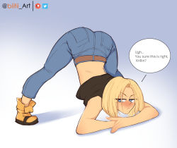 Rule 34 | 1girl, android 18, annoyed, artist name, ass, belt, biitii, blonde hair, blue eyes, blush, boots, denim, dragon ball, dragonball z, english text, highres, jack-o&#039; challenge, jeans, looking to the side, meme, pants, parody, short hair, solo, speech bubble, top-down bottom-up