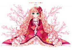 Rule 34 | 1girl, 2015, big hair, blonde hair, bow, cherry blossoms, commentary request, curly hair, floral print, green eyes, hair bow, happy new year, highres, japanese clothes, kaoruru (sakuno2911), kimono, long hair, long sleeves, looking at viewer, new year, obi, original, parted lips, pink thighhighs, red bow, red kimono, sash, seiza, signature, sitting, sleeves past wrists, solo, thighhighs, very long hair, wide sleeves