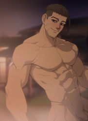 Rule 34 | 1boy, abs, absurdres, bathhouse, beard, black eyes, black hair, blush, convenient censoring, facial hair, golden kamuy, highres, looking at viewer, male focus, mature male, muscular, muscular arms, muscular male, night, nude, ogata hyakunosuke, pectorals, penis, pupiless eyes, scar, short hair, smile, solo, very short hair