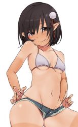 Rule 34 | 1girl, alternate costume, alternate headwear, bare shoulders, bikini, bikini top only, black hair, blush, bra, breasts, collarbone, contemporary, denim, denim shorts, groin, looking at viewer, midriff, navel, pointy ears, pom pom (clothes), red eyes, shameimaru aya, short hair, short shorts, shorts, simple background, small breasts, smile, solo, sweatdrop, swimsuit, tan, tanline, thighs, touhou, toujou (toujou ramen), underboob, underwear, white background