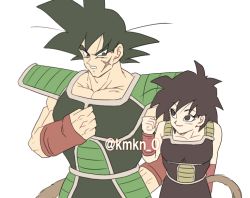 Rule 34 | 1boy, 1girl, armor, bad id, bad pixiv id, bardock, bare arms, bare shoulders, black eyes, black hair, clenched hand, dragon ball, frown, gine, happy, height difference, looking at another, scar, short hair, simple background, smile, spiked hair, tail, twitter username, upper body, white background, wristband