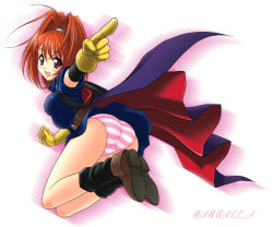 Rule 34 | 1girl, ass, barbara (dq6), breasts, cape, dragon quest, dragon quest vi, female focus, gloves, legs, nakajima akihiko, panties, pantyshot, purple eyes, red hair, solo, striped clothes, striped panties, thighs, underwear, yellow gloves
