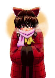 Rule 34 | 1girl, alternate costume, ascot, bow, breath, brown hair, commentary request, covered mouth, hair bow, hakurei reimu, koyubi (littlefinger1988), looking at viewer, red eyes, scarf, short hair, simple background, solo, touhou, white background, winter clothes