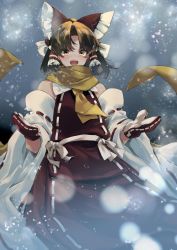 Rule 34 | 1girl, bare shoulders, belt, black eyes, blush, bow, brown hair, detached sleeves, dress, eyes visible through hair, fang, frills, gloves, grey sky, hair between eyes, hair ornament, hair tubes, hakurei reimu, hands up, highres, long sleeves, looking up, meji aniki, open mouth, red bow, red dress, red gloves, scarf, short hair, sky, smile, snow, snowing, solo, standing, teeth, tongue, touhou, white belt, white bow, wide sleeves, winter, yellow eyes, yellow scarf