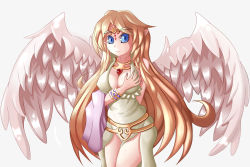 Rule 34 | 1girl, angel wings, blonde hair, blue eyes, breasts, cleavage, ecstasy, feathers, hand on own chest, ilias, jewelry, large breasts, long hair, looking at viewer, lots of jewelry, mon-musu quest!, simple background, smile, solo, tiara, wings