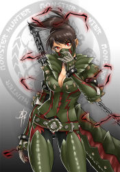 Rule 34 | 1girl, armor, aura, belt, belt buckle, bodysuit, breastplate, breasts, brown hair, buckle, capcom, chain, cleavage, deviljho (armor), gloves, half mask, huge weapon, large breasts, long hair, mask, monster hunter (series), mouth mask, over shoulder, polarityplus, ponytail, red eyes, solo, spikes, surgical mask, sword, sword over shoulder, weapon, weapon over shoulder