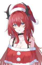 Rule 34 | 1girl, :t, arknights, bare shoulders, black choker, blush, bra strap, breasts, choker, cleavage, commentary, cross, cross necklace, fur-trimmed shirt, fur trim, hair between eyes, hat, highres, horns, jewelry, large breasts, long hair, looking at viewer, multico, necklace, off-shoulder shirt, off shoulder, pom pom (clothes), purple eyes, red hair, red hat, red shirt, santa hat, shirt, short sleeves, simple background, solo, surtr (arknights), upper body, v-shaped eyebrows, white background