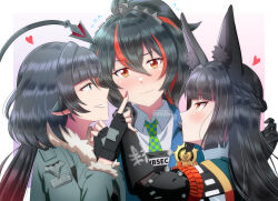 Rule 34 | 3girls, animal ears, artist name, black gloves, black hair, blue w moon, blunt bangs, blush, checkered necktie, finger to another&#039;s cheek, fingerless gloves, fox ears, fox girl, fur-trimmed jacket, fur trim, gloves, green eyes, green jacket, heart, highres, hoshimi miyabi, jacket, jane doe (zenless zone zero), long hair, looking at another, mouse ears, mouse girl, mouse tail, multiple girls, necktie, ponytail, red eyes, sharp tail, shirt, sweatdrop, tail, twitter username, two-tone necktie, wavy mouth, white shirt, yuri, zenless zone zero, zhu yuan