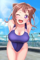 Rule 34 | 1girl, arms behind back, bang dream!, bare shoulders, blue one-piece swimsuit, blush, breasts, brown hair, cleavage, collarbone, competition swimsuit, cone hair bun, covered navel, cowboy shot, hair bun, highleg, highleg swimsuit, highres, large breasts, leaning forward, lens flare, looking at viewer, one-piece swimsuit, one eye closed, open mouth, outdoors, poposukii, purple eyes, rooftop, school, sidelocks, sky, solo, swimsuit, thigh gap, toyama kasumi