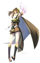 Rule 34 | 1girl, absurdres, armor, armpits, boots, bow, breastplate, brown eyes, brown footwear, brown hair, cape, delthea (fire emblem), dress, fire, fire emblem, fire emblem echoes: shadows of valentia, full body, hair bow, highres, magic, nintendo, outstretched hand, ponytail, purple fire, short dress, short hair, simple background, skeptycally, solo, sword, thighs, twitter username, weapon, white background, wrist cuffs