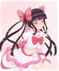 Rule 34 | bad id, bad pixiv id, black hair, blend s, bow, chestnut mouth, gloves, hair bow, looking to the side, magical girl, midriff, navel, pink bow, sakuranomiya maika, simple background, solo, standing, twintails, white gloves