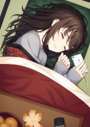 Rule 34 | 1girl, absurdres, blush, brown hair, cellphone, closed mouth, commentary request, cushion, closed eyes, food, from above, fruit, grey sweater, highres, indoors, kotatsu, long hair, long sleeves, lying, mandarin orange, ochiai miyabi, on side, original, phone, sleeping, sleeves past wrists, smartphone, smile, solo, sweater, table, tatami, under kotatsu, under table, zabuton
