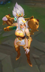 Rule 34 | alternate color, alternate hair color, bare shoulders, blonde hair, blunt bangs, bow (weapon), breasts, brown legwear, center opening, china dress, chinese clothes, citemer, cleavage, clenched hand, closed mouth, crossbow, dirt, dress, firecracker vayne, full body, gauntlets, gloves, gold trim, grass, green eyes, hair ornament, hairpin, hand up, high heels, highres, large breasts, league of legends, legs apart, multicolored hair, official alternate costume, red lips, sidelocks, standing, streaked hair, sunglasses, thighs, two-tone hair, vayne (league of legends), weapon, white gloves, white hair, yellow footwear