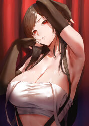 Rule 34 | 1girl, absurdres, bare shoulders, blush, breasts, brown hair, cleavage, collarbone, final fantasy, final fantasy vii, highres, large breasts, long hair, looking at viewer, navel, red eyes, rororo, solo, tank top, tifa lockhart, white tank top