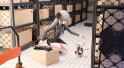Rule 34 | 1girl, 3d, arknights, ballistic shield, bare legs, black footwear, black skirt, box, breasts, cardboard box, chinese commentary, closed mouth, commentary request, dragon horns, dragon tail, drone, frown, grey sweater, highres, horns, id card, lanyard, long hair, long sleeves, medium breasts, nestea, orange eyes, pencil skirt, profile, railing, reaching, riot shield, saria (arknights), shelf, shield, silver hair, skirt, solo, squatting, sweater, syringe gun, tail, warehouse