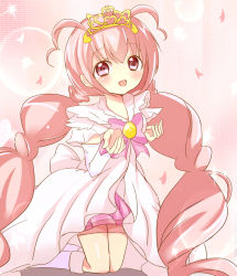 Rule 34 | 10s, 1girl, arm warmers, blush, boots, bow, cure happy, cure happy (princess form), detached sleeves, dress, eyelashes, happy, hoshizora miyuki, jewelry, knee boots, kneehighs, kneeling, long hair, looking at viewer, magical girl, no choker, open mouth, pink bow, pink dress, pink eyes, pink hair, pink shorts, pink skirt, pink theme, precure, sausu (himakuma), shorts, skirt, smile, smile precure!, socks, solo, tiara, twintails, very long hair