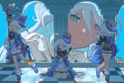 Rule 34 | 4girls, ^ ^, ahoge, arm up, ascot, asymmetrical gloves, blue ascot, blue bow, blue coat, blue footwear, blue gloves, blue hat, bow, bowing, closed eyes, coat, column, commentary, cup, drinking glass, full body, furina (genshin impact), genshin impact, giant, giantess, gloves, hands on own cheeks, hands on own face, hat, hat bow, highres, holding, holding cup, long hair, long sleeves, looking at another, looking at viewer, mismatched gloves, multiple girls, multiple persona, open mouth, outstretched arm, pillar, shima (vivi do), shirt, short hair, shorts, sitting, size difference, smile, standing, standing on one leg, tears, thigh strap, top hat, wariza, white gloves, white hair, white shirt, white shorts
