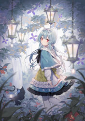 Rule 34 | 1girl, absurdres, blue capelet, blue hair, blurry, blurry foreground, braid, capelet, cat, crown braid, flower, forest, from behind, hair ribbon, hanging lantern, highres, lantern, long hair, long sleeves, looking at viewer, looking back, low twintails, nature, original, pantyhose, rabbit tail, red eyes, ribbon, shiroraku, tail, tree, twintails, white pantyhose