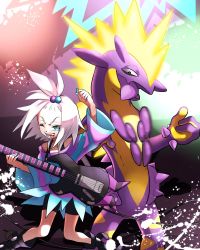 Rule 34 | 1girl, ;d, aria pkmn, arm up, bass guitar, black footwear, blue eyes, boots, commentary request, creatures (company), dress, game freak, gen 8 pokemon, hair bobbles, hair ornament, highres, holding, holding instrument, holding plectrum, instrument, nintendo, one eye closed, open mouth, platform boots, platform footwear, plectrum, pokemon, pokemon (creature), pokemon bw2, roxie (pokemon), smile, spiked hair, striped clothes, striped dress, teeth, tongue, tongue out, topknot, toxtricity, toxtricity (amped), two-tone dress, white hair