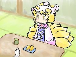 Rule 34 | 1girl, blonde hair, blush, cup, dress, female focus, fox tail, hat, hat with ears, mikashimo, mikasimo, multiple tails, open mouth, pink dress, plate, short hair, sitting, tabard, table, tail, tatami, teacup, touhou, yakumo ran, yellow eyes