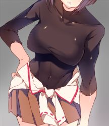Rule 34 | 10s, 1girl, bad id, bad twitter id, breasts, brown hair, clothes around waist, covered navel, cowboy shot, covered erect nipples, grey background, hand on own hip, head out of frame, hyuuga (kancolle), kantai collection, kureaki (exit), parted lips, shirt, shirt around waist, short hair, skin tight, skirt, solo, standing, sweater, tight shirt