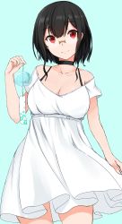 Rule 34 | 1girl, anti (0324), aqua background, bad id, bad twitter id, bare shoulders, black hair, breasts, choker, cleavage, cowboy shot, dress, glasses, head tilt, highres, large breasts, looking at viewer, red eyes, short hair, short hair with long locks, smile, solo, standing, white dress, wind chime