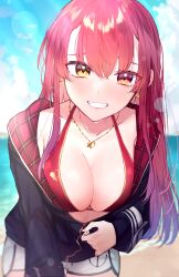Rule 34 | 1girl, akikuriii, arrow through heart, beach, bikini, bikini under clothes, black jacket, blue sky, breasts, cloud, day, dolphin shorts, earrings, gold necklace, grin, heart, heart earrings, heterochromia, highres, hololive, horizon, houshou marine, houshou marine (summer), jacket, jewelry, large breasts, leaning forward, long hair, long sleeves, looking at viewer, necklace, ocean, official alternate costume, outdoors, partially unzipped, red bikini, red eyes, red hair, shorts, sky, smile, solo, swimsuit, virtual youtuber, water, white shorts, yellow eyes, zipper, zipper pull tab