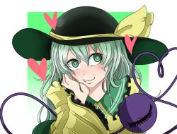 Rule 34 | 1girl, black hat, blush, commentary request, green eyes, green hair, hair between eyes, hat, heart, heart-shaped pupils, komeiji koishi, long sleeves, looking at viewer, sei no ji, solo, symbol-shaped pupils, touhou, wide sleeves