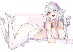 Rule 34 | 1girl, :d, absurdres, ahoge, apron, ass, bare shoulders, blush, breasts, cleavage, collarbone, elbow gloves, feet up, gloves, grey footwear, hair ornament, hairclip, hat, highres, holding, holding syringe, horz, large breasts, long hair, looking at viewer, lying, mole, mole under eye, nijisanji, nurse cap, on stomach, open mouth, pantyhose, pink eyes, sandals, sidelocks, silver hair, smile, solo, strap slip, sukoya kana, syringe, twintails, two-tone background, virtual youtuber, white apron, white gloves, white pantyhose, wrist cuffs, x hair ornament