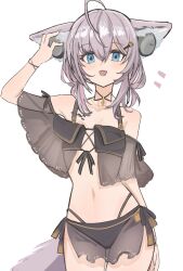 Rule 34 | 1girl, :d, ahoge, animal ear fluff, animal ears, arknights, arm up, bare shoulders, bikini, black bikini, blue eyes, blush, collarbone, cowboy shot, fox ears, fox girl, fox tail, grey hair, headphones, highres, jewelry, navel, necklace, official alternate costume, open mouth, see-through, shino duka, short hair, simple background, smile, solo, stomach, sussurro (arknights), sussurro (summer flower) (arknights), swimsuit, tail, white background, wristband