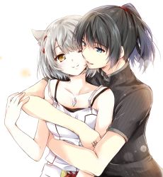 Rule 34 | 1boy, 1girl, animal ears, black hair, blue eyes, braid, brown eyes, camisole, cat ears, chest jewel, couple, grey hair, hug, hug from behind, looking at another, mio (xenoblade), noah (xenoblade), ponytail, short hair, shoulder strap, single braid, smile, ui frara, upper body, white camisole, xenoblade chronicles (series), xenoblade chronicles 3