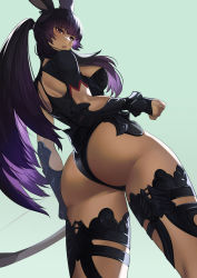 Rule 34 | 1girl, absurdres, animal ears, arms at sides, ass, black legwear, blush, breasts, final fantasy, final fantasy xiv, from behind, grey background, highres, kagematsuri, large breasts, long hair, looking at viewer, looking back, parted lips, ponytail, purple eyes, purple hair, simple background, solo, thighs, viera, warrior of light (ff14)