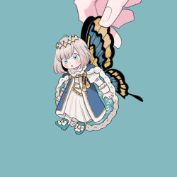 Rule 34 | 1boy, blue background, blue cape, blue cloak, blue eyes, blue footwear, blush, bow, butterfly wings, cape, cloak, diamond hairband, dot nose, fate/grand order, fate (series), fingernails, footwear bow, grey hair, insect wings, juliet sleeves, long sleeves, male focus, mini person, miniboy, oberon (fate), oneroom-disco, puffy sleeves, robe, short hair, simple background, solo focus, tassel, triangle mouth, white bow, white robe, wings