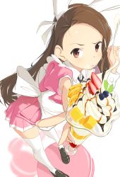 Rule 34 | absurdres, animal ears, apron, black footwear, bow, brown eyes, brown hair, closed mouth, fake animal ears, food, food in mouth, food on face, fruit, highres, holding, holding spoon, idolmaster, idolmaster (classic), long hair, looking at viewer, macaron, minase iori, nazo no niku, parfait, rabbit ears, shoes, solo, spoon, thighhighs, waitress, white background, white thighhighs