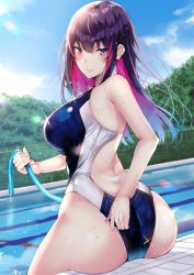 Rule 34 | 1girl, ass, back cutout, bare shoulders, breasts, clothing cutout, competition swimsuit, highres, hose, kaerunoashi, large breasts, looking at viewer, looking back, multicolored hair, one-piece swimsuit, original, pink hair, pool, poolside, purple hair, shiny clothes, sitting, smile, solo, swimsuit