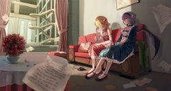 Rule 34 | 2girls, alternate costume, apartment, bad id, bad pixiv id, bat wings, black footwear, blonde hair, blue dress, blue hair, blurry, bow, breasts, brooch, cleavage, coat, couch, crying, curtains, depth of field, dress, expressionless, fingernails, flandre scarlet, flower, frilled dress, frills, gothic lolita, greek text, hair bow, hairband, highres, jewelry, laevatein, leaning back, lolita fashion, long sleeves, multiple girls, nail polish, note, open window, painting (object), paper, petals, pillow, plant, pointy ears, potted plant, puffy long sleeves, puffy sleeves, pupil g, red eyes, red footwear, red nails, red skirt, remilia scarlet, ring, rose, sad, shadow, shoes, short hair, side ponytail, sitting, skirt, small breasts, stool, streaming tears, sunlight, table, tablecloth, tears, tile floor, tiles, touhou, unworn coat, vest, white legwear, window, wings