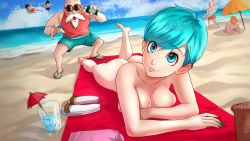 Rule 34 | 1girl, android 18, ass, bare shoulders, barefoot, beach, beach towel, blue eyes, blue hair, breasts, bulma, casual nudity, collarbone, completely nude, day, dragon ball, dragon ball super, dragonball z, drink, facing viewer, foot up, full body, highres, kariksart, kuririn, looking at viewer, lying, mature female, medium breasts, muten roushi, nude, ocean, on stomach, outdoors, public indecency, sandals, sky, smile, solo, son goku, straw, swept bangs, towel, vegeta, water