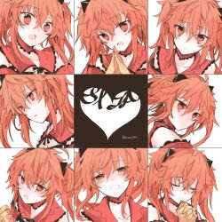 Rule 34 | 1girl, :d, character name, choker, closed mouth, crossed bangs, empty eyes, etoryoku, expressions, fake horns, fate/grand order, fate/grand order arcade, fate (series), heart, horns, interlocked fingers, looking at viewer, open mouth, orange eyes, orange hair, red choker, shaded face, simple background, sita (fate), smile, steepled fingers, twintails, white background