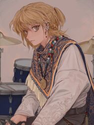 Rule 34 | 1boy, bishounen, blonde hair, chain, commentary, cymbals, drum, earrings, english commentary, hoop earrings, hunter x hunter, ik18166181ik, instrument, jewelry, kurapika, long sleeves, looking at viewer, male focus, shirt, short hair, simple background, solo, upper body, white shirt