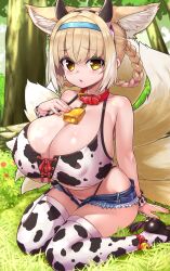 Rule 34 | 1girl, alternate breast size, alternate costume, animal ear fluff, animal ears, arknights, bell, bikini, bikini top only, blonde hair, braid, braided hair rings, breasts, chiroshiron, cleavage, collar, commission, cowbell, fake horns, forest, fox ears, fox girl, fox tail, grass, hair rings, hairband, highres, horns, huge breasts, jingle bell, micro shorts, multiple tails, nature, neck bell, oppai loli, short hair, shorts, sitting, skeb commission, solo, suzuran (arknights), swimsuit, tail, thighhighs, tree, twin braids, wariza, yellow eyes