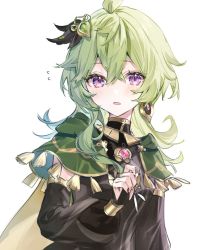 Rule 34 | 1girl, ahoge, blush, bridal gauntlets, capelet, collei (genshin impact), genshin impact, gold trim, green hair, hair between eyes, hand up, jewelry, long hair, looking at viewer, open mouth, purple eyes, simple background, solo, upper body, white background, yuya (night lily)