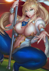 Rule 34 | 1girl, animal ears, artoria pendragon (all), artoria pendragon (fate), artoria pendragon (swimsuit ruler) (fate), bad id, bad pixiv id, bare shoulders, blonde hair, blue neckwear, blue pantyhose, braid, breasts, casino card table, cleavage, clothing cutout, commentary, crown, detached collar, english commentary, fake animal ears, fate/grand order, fate (series), feather boa, fishnet pantyhose, fishnets, french braid, green eyes, hair between eyes, heart, heart-shaped pupils, holding, large breasts, leotard, long hair, looking at viewer, navel, navel cutout, outstretched hand, pantyhose, parted lips, playboy bunny, poker table, pole, ponytail, rabbit ears, sidelocks, solo, spread legs, squatting, stripper pole, symbol-shaped pupils, table, unfairr, white leotard, wrist cuffs