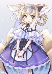 Rule 34 | 1girl, absurdres, animal ear fluff, animal ears, arknights, bare shoulders, blonde hair, blouse, blue hairband, blush, braid, braided hair rings, closed mouth, commentary request, gradient hair, green eyes, grey background, hair rings, hairband, highres, ichi (ichi.colors), infection monitor (arknights), looking at viewer, multicolored hair, multiple tails, own hands together, pantyhose, purple skirt, shirt, skirt, smile, solo, suzuran (arknights), tail, white hair, white pantyhose, white shirt, wrist cuffs