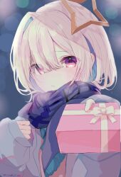 Rule 34 | 1girl, amane kanata, artist name, blue background, blue hair, blue scarf, blurry, blush, bob cut, bokeh, box, box of chocolates, chocolate, closed mouth, coat, commentary, curled fingers, depth of field, enpera, food, gift, gift box, grey coat, hair over one eye, halo, highres, holding, holding chocolate, holding food, holding gift, hololive, incoming gift, long sleeves, looking at viewer, multicolored hair, nervous, notice lines, plaid, plaid scarf, purple eyes, raised eyebrow, replicayunikorn, scarf, short hair, shy, signature, single hair intake, solo, star halo, streaked hair, translated, two-tone hair, upper body, valentine, virtual youtuber, wavy mouth, white hair