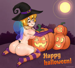 Rule 34 | 1girl, absurdres, antennae, arthropod girl, artist name, ass, bee girl, bee wings, black hat, blonde hair, blush, breasts, brown eyes, city, cityscape, dakunart, elbow gloves, female focus, from behind, full moon, fur collar, gloves, halloween, happy halloween, hat, highres, hugging object, insect girl, insect wings, jack-o&#039;-lantern, kneeling, large breasts, licking lips, looking at viewer, looking back, mely, moon, night, nude, orange thighhighs, pumpkin, purple gloves, short hair, sky, smile, solo, stinger, striped clothes, striped thighhighs, thighhighs, tongue, tongue out, underwear, wings, witch, witch hat
