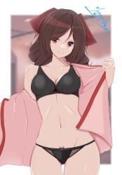 Rule 34 | 1girl, absurdres, black bra, black panties, bow, bra, breasts, brown hair, cleavage, commentary request, commission, drill hair, hair bow, harukaze (kancolle), highres, honma (honmatomohiro), kantai collection, looking at viewer, medium breasts, open clothes, open robe, panties, pink robe, red bow, red eyes, robe, signature, skeb commission, solo, twin drills, underwear