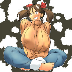 Rule 34 | 1girl, barefoot, breasts, brown hair, covered erect nipples, cow girl, denim, female focus, grin, hair ornament, hair ribbon, hataraki ari, horns, huge breasts, jeans, original, pants, ribbed sweater, ribbon, short hair, short twintails, sitting, smile, solo, sukimi, sweater, turtleneck, twintails, yellow eyes