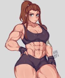 Rule 34 | 1girl, abs, breasts, brigitte (overwatch), fingerless gloves, freckles, gloves, hand on own hip, highres, large breasts, long bangs, looking at viewer, mdblues, muscular, muscular female, orange eyes, orange hair, overwatch, ponytail, shorts, solo, sweat, tank top, tattoo