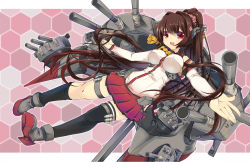 Rule 34 | 10s, 1girl, blush, breasts, brown eyes, brown hair, cherry blossoms, detached sleeves, flower, hair flower, hair ornament, highres, impossible clothes, impossible shirt, kantai collection, large breasts, long hair, looking at viewer, miniskirt, outstretched arms, personification, ponytail, sesield, shirt, single thighhigh, skirt, smile, solo, spread arms, thighhighs, very long hair, yamato (kancolle)